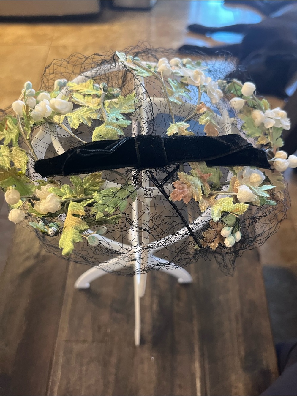 Vintage Floral Black Veil Headband with Green and Cream Accents